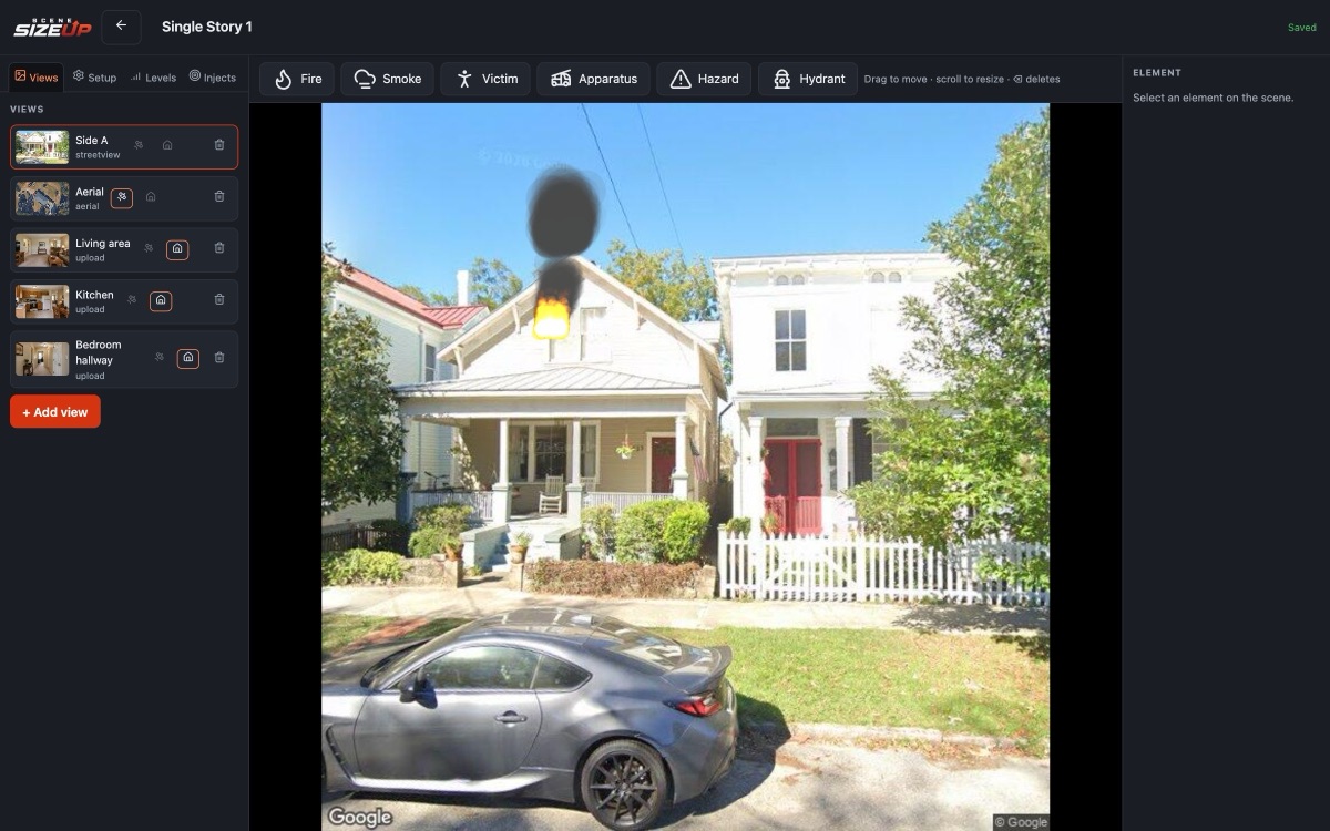 The scenario builder. A street-level photograph of a two-story house fills the canvas with fire and a smoke column placed at the porch roof, a toolbar above offers fire, smoke, victim, apparatus, hazard and hydrant, and the saved views run down the left: Side A, an aerial, and three interior rooms.