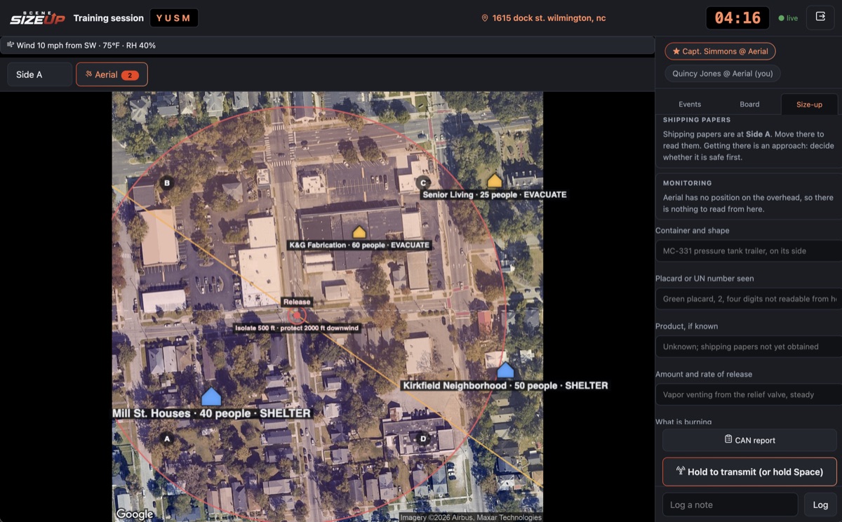 An overhead view with an isolation circle drawn around a release point and downwind exposures labeled with occupancy counts and evacuate or shelter decisions. The size-up panel on the right records the container, the placard, the product and the rate of release.