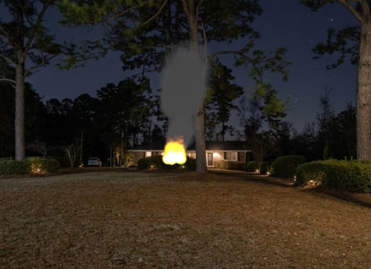A single-story house at night, relit from a daytime photograph, with fire at the front of the structure and a pale smoke column rising into a dark sky.