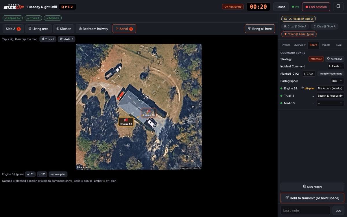 An aerial of a house with apparatus icons placed around the driveway. One engine shows a dashed planned position beside where it actually stopped, marked off-plan in amber.