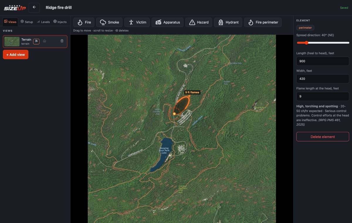 A contour map of wooded terrain with a fire perimeter drawn on a ridge. The panel on the right sets spread direction, length, width and a nine foot flame length, and reads back the expected fire behavior.